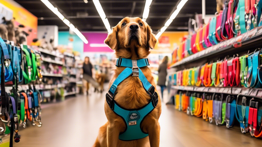 A brightly lit pet store aisle filled with a variety of colorful and well-organized dog walking harnesses on display. In the foreground, a friendly dog owner is comparing two different harnesses, look