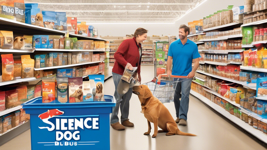 A cozy Farm and Fleet store aisle filled with a variety of dog food brands. Shelves are stocked with colorful bags and cans showcasing brands like Blue Buffalo, Science Diet, and Purina. A happy dog s