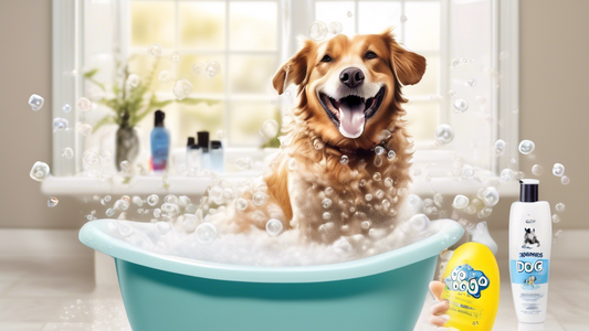 Create an image of a happy dog standing in a bathtub filled with bubbles, while someone gently lathers its fur with a soothing anti-itch dog shampoo. Various bottles of shampoos labeled Top Anti-Itch