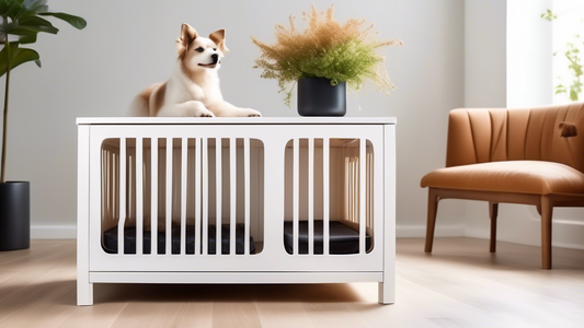 A beautifully furnished living room with a modern, white wooden dog crate seamlessly integrated into the decor. The crate is designed with elegant lines, featuring a comfy cushion inside for the dog a
