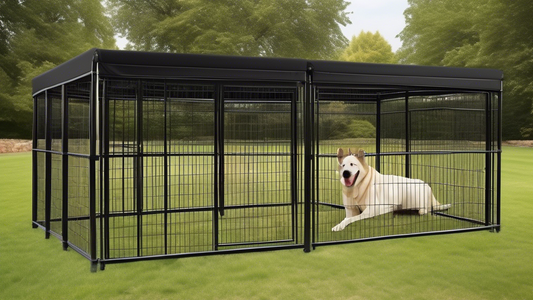 Create an image depicting a variety of spacious and sturdy dog pens designed for large dog breeds. The pens should be set up in a pleasant outdoor environment with a lush, green, well-maintained lawn.