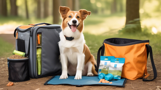 Create an image of a well-organized dog travel bag open on a picturesque outdoor setting, like a campsite or a scenic trail. The bag should contain essential pet supplies such as a collapsible water b