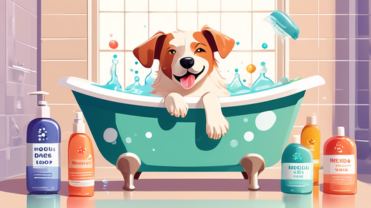 An adorable dog in a bathtub surrounded by various bottles of medicated dog shampoo, each labeled with different benefits and ingredients. The bathroom setting is clean and stylish, with a focus on th