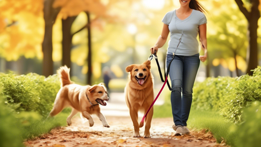 Create an image of a happy dog owner walking their energetic dog in a scenic park, using a large flexi dog leash. The leash extends comfortably, giving the dog room to explore and sniff around freely