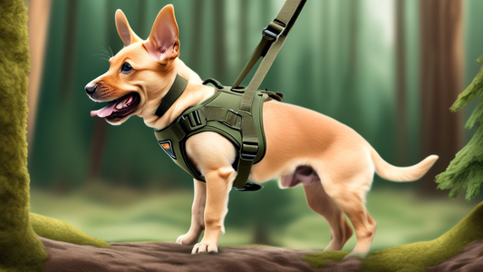 A high-quality, durable tactical puppy harness fitted snugly on a happy, energetic puppy. The harness features various compartments and attachments, made of sturdy material in a military green color.