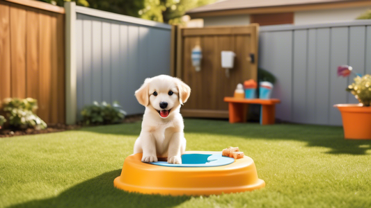 A bright, cheerful backyard scene with a happy puppy in the foreground, sitting obediently on a designated potty area. In the background, a person holds a clicker and a treat, and there are clear visu