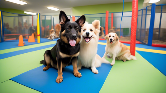 A vibrant and welcoming dog training facility brimming with happy, various breeds of dogs engaging in different training exercises. The setting includes well-maintained obstacle courses, agility tunne