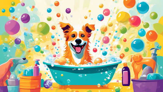 Create an image of a happy and playful dog taking a bath in an outdoor setting, surrounded by bubbles and colorful shampoo bottles. Include a smiling person washing the dog, and emphasize the dog's sh