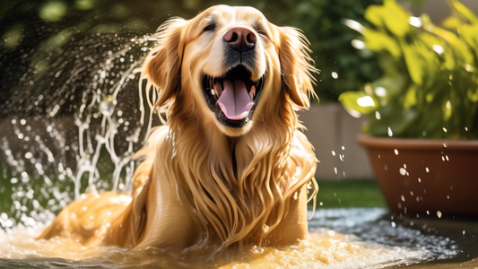 Create an image of a happy golden retriever being bathed with deshedding dog shampoo in a garden setting. Highlight the dog's shiny, healthy coat and show loose fur in the water, indicating the shampo