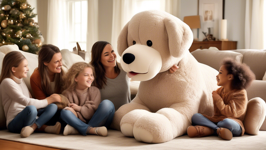 Create a heartwarming scene in a cozy living room where a diverse group of people of all ages, including children and elderly, are gathered around an enormous, plush, and irresistibly cute giant stuff
