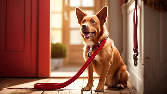 Create an image of a stylish, high-quality red dog leash hanging on a rustic wooden hook. Beside the leash, there is a happy, well-groomed dog with a red collar, gazing up as if ready for a walk. The
