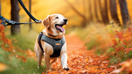 Create an image of a happy dog wearing a well-fitted Kurgo Journey Air Harness, exploring a beautiful outdoor setting with its owner. Include vibrant autumn colors in the background, with the dog look