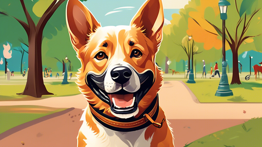 Create an image of a happy dog wearing a stylish, well-fitted leather muzzle in a park setting. The background should include other dogs playing and pet owners interacting, showcasing a positive and s
