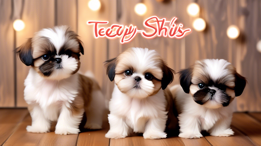 A cozy, homely setting with a wooden floor and soft, warm lighting. A group of adorable, small Teacup Shih Tzu puppies with fluffy, multicolored fur are playfully interacting with each other. They hav