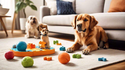 Create an image of various top dog puzzle toys scattered around a cozy living room. Include a happy dog actively interacting with one of the toys, such as a treat-dispensing ball or a sliding puzzle.