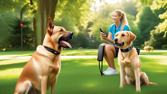 Create a detailed image showing the Dogtra 1902S E-Collar System being used in a training session with two well-behaved dogs in a beautiful outdoor setting. Include the handheld transmitter, the dual
