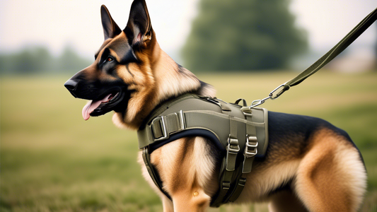 Create a highly detailed image of a strong, muscular dog, such as a German Shepherd, wearing a military-style dog harness. The harness should feature sturdy materials, adjustable straps, and secure bu