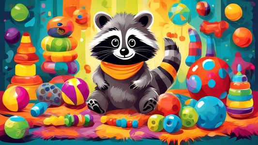 Create a vibrant image depicting a playful raccoon dog surrounded by a variety of colorful and engaging toys, including chew toys, balls, and interactive puzzle games. The raccoon dog should appear jo