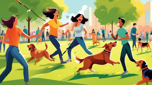 Create an image of a lively outdoor scene in a spacious park. Show dogs of various breeds enthusiastically chasing a flirt pole being wielded by an energetic person. The dogs should look excited and h