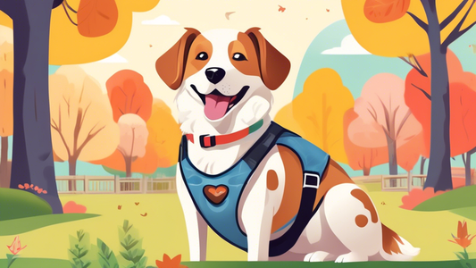 Create an image of a happy dog wearing a well-fitted ESA (Emotional Support Animal) vest in a serene park setting. The dog should look calm and content, with clear markings on the vest indicating its