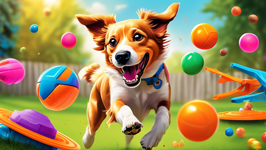 Create an image of an excited dog playing energetically with colorful and durable Nerf dog toys in a vibrant backyard setting. Show various Nerf toys like balls, Frisbees, and chew toys scattered arou