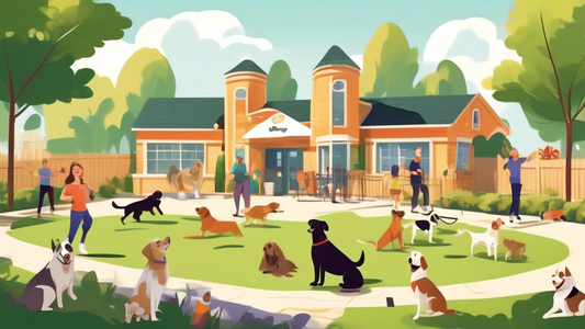 A detailed illustration of a cheerful dog training center in a suburban neighborhood, featuring professional trainers working with various dog breeds in a spacious, green outdoor area. Nearby, there’s
