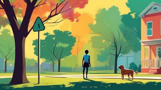 A serene neighborhood park setting with a person holding a dog leash, looking around with concern. In the distance, there's a 'Lost Dog' poster on a tree. The scene captures the anxious, yet hopeful a