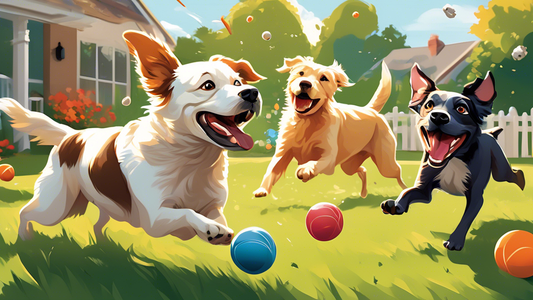 A joyful scene in a sunny backyard, showcasing various top automatic ball throwers for dogs. The image features a variety of happy dogs of different breeds playing and eagerly chasing balls. Include a