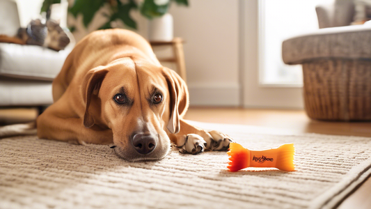 A high-resolution image of a happy dog chewing on a Nylabone Edible Chew in a cozy living room setting. The dog is a medium-sized breed with shiny fur, sitting on a comfortable rug. Surrounding the do