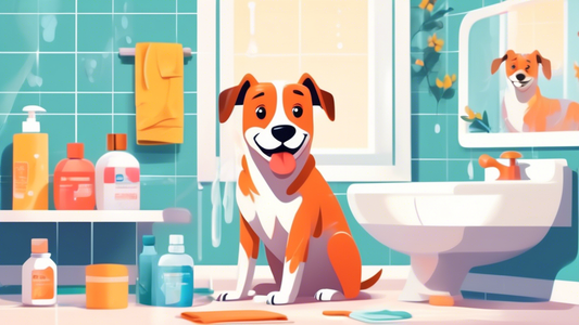 An image of a cheerful dog sitting on a bathroom counter next to a sink, while a person gently wipes the dog's paws with antiseptic wipes. In the background, there are neatly arranged hygiene supplies