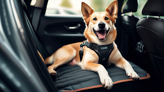 A realistic, well-lit image of a happy dog sitting securely in the back seat of a car, wearing a high-quality, well-fitted car harness. The scene includes details such as a clean and tidy car interior