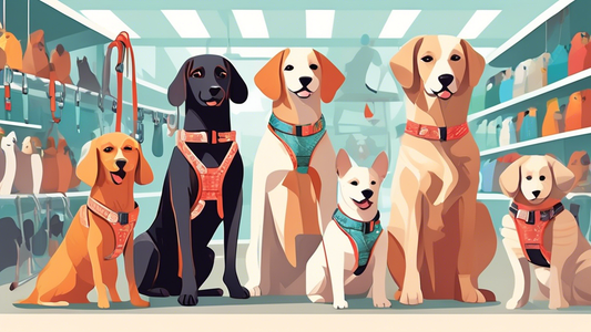 Create an image of various dogs wearing stylish and comfortable Y-shaped harnesses in a pet store setting. The harnesses should feature different colors and patterns. The dogs should appear happy and
