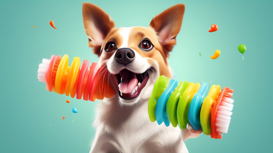 Create an image of a happy dog playing with a colorful toothbrush toy. The toy should have a fun design, possibly resembling a bone or a whimsical character, and be textured with bristles to show its