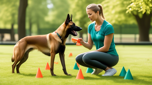 A detailed scene showing a Belgian Malinois in a lush, green park participating in an obedience training session. The dog is attentively sitting in front of a confident trainer holding a treat and a c