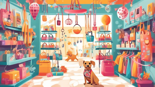 Create an image of a whimsical, beautifully decorated pet shop aisle filled with a variety of colorful and stylish dog harnesses. Focus on a cute puppy trying on an adorable harness, surrounded by eng