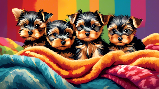 An image of a group of fluffy, adorable Toy Yorkie puppies playfully interacting with each other on a cozy blanket. The surroundings should be warm and inviting, with colorful toys scattered around to