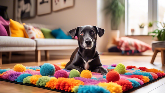 A cozy living room scene with a happy dog sniffing around on a colorful snuffle mat spread out on the floor. The mat has various textures and hidden treats embedded within it. The dog looks engaged an