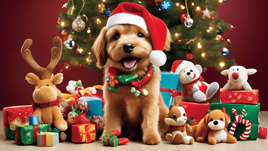 Create a delightful illustration of a cheerful dog surrounded by a variety of Christmas-themed toys. The dog should be wearing a festive holiday collar, with colorful lights, ornaments, and snowflakes