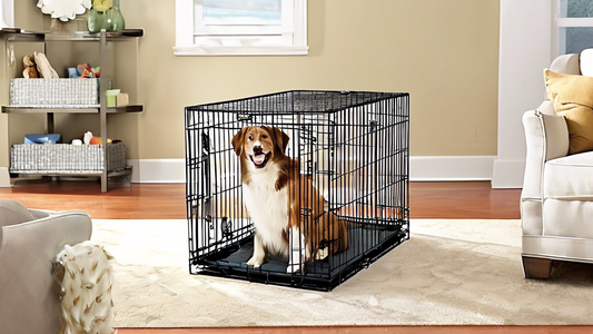 Create a detailed illustration of a happy dog inside a spacious and comfortable Pro Select dog crate. The scene should be bright and inviting, showcasing a well-designed crate with soft bedding, toys,