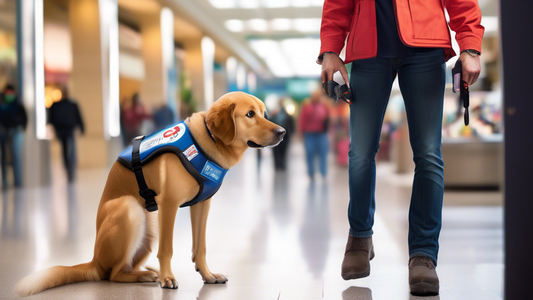 Create an image of a well-groomed service dog wearing a clearly marked vest standing next to its handler in a busy public place, such as a mall or a city street. The dog should appear focused and calm