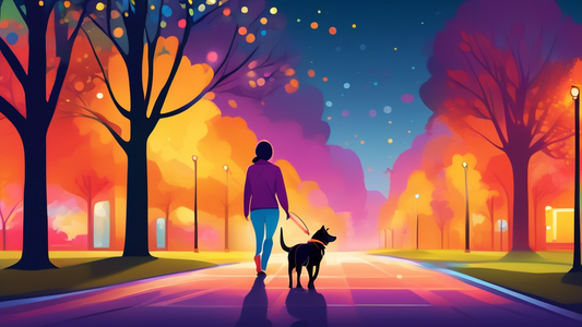 Create an image of a happy dog and owner walking at dusk or nighttime, both illuminated by a colorful, glowing LED dog leash. The background includes a park with trees and a soft, warm light, highligh