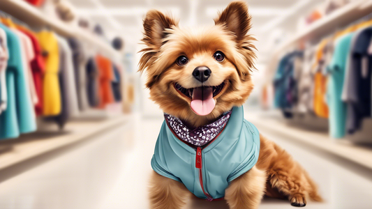 Create an image of a happy dog wearing a stylish and comfortable outfit. The dog is at a Petco store, surrounded by racks of fashionable dog clothes and accessories. The atmosphere is bright and invit