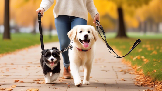 Create an image of a joyful pet owner in a picturesque park, walking their happy dog using the Mighty Paw Leash. The dog is a medium-sized breed, showcasing its comfort and freedom with the leash, whi