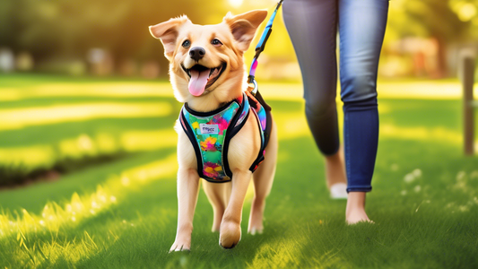 Create an image of a happy, energetic dog wearing a brightly-colored Wonder Walker dog harness. The background is a sunny park with green grass and blooming flowers. The dog's owner, also looking happ