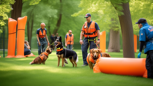 Create a vibrant scene featuring a group of search and rescue dogs in training at a local park. Trainers are guiding dogs through various obstacle courses including tunnels, ramps, and scent tracking