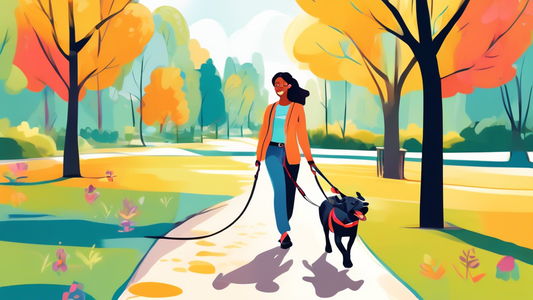 Create an image of a cheerful dog wearing a stylish Freedom No-Pull Dog Harness, walking calmly alongside a smiling owner in a picturesque park. Highlight the harness's comfortable design and effectiv