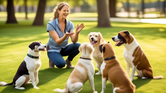 Create an image of a professional dog trainer working with a variety of dog breeds in a lush park setting. The trainer is employing different techniques such as using treats, a clicker, and hand signa