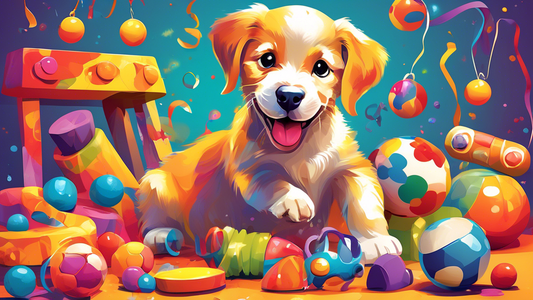Create an image of a playful puppy joyfully interacting with an array of vibrant and engaging toys. Include a variety of toys such as squeaky bones, chew rings, plush animals, and colorful balls scatt
