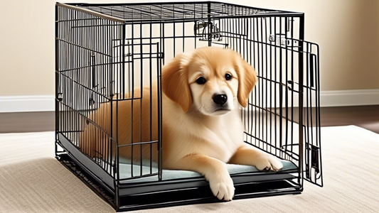Create an image of an adorable dog contently resting inside a sturdy, well-ventilated metal dog crate. The crate should be equipped with a soft bed, chew toys, and a water bowl. Surround the crate wit