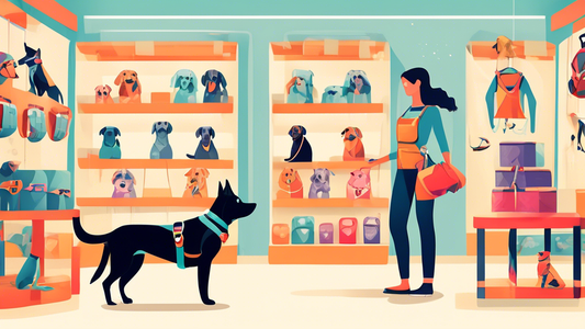 Create an image depicting a variety of modern dog harnesses displayed in a stylish pet store, with different designs, colors, and sizes. A knowledgeable store assistant is helping a happy dog owner an